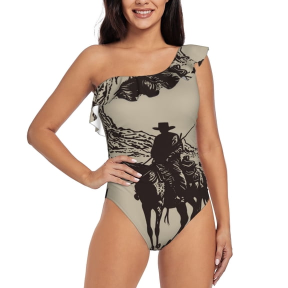 Rateoe Western Desert Cowboy Pattern Women One Piece Swimsuits Tummy Control One Shoulder Bathing Suits Ruffle Swimwear-X-Large