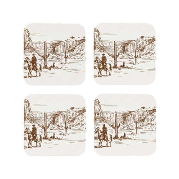 Rateoe Western Desert Cowboys Drawing Drink Coasters Set of 4 Leather Coasters Spill Protection for Table Desk,Durable and Non Slip Leather Coaster ,4 Inches Drink Mats-Square