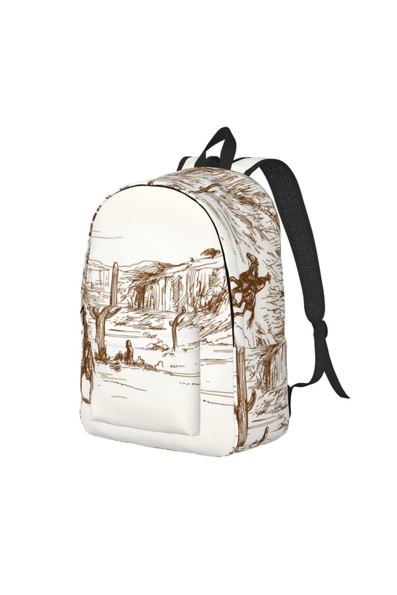 Western Desert Cowboys Pattern Durable Canvas Backpack for Men & Women – Stylish & Lightweight – Adjustable Straps, Multiple Pockets – Fits 15-17 Inch LaptopsSmall