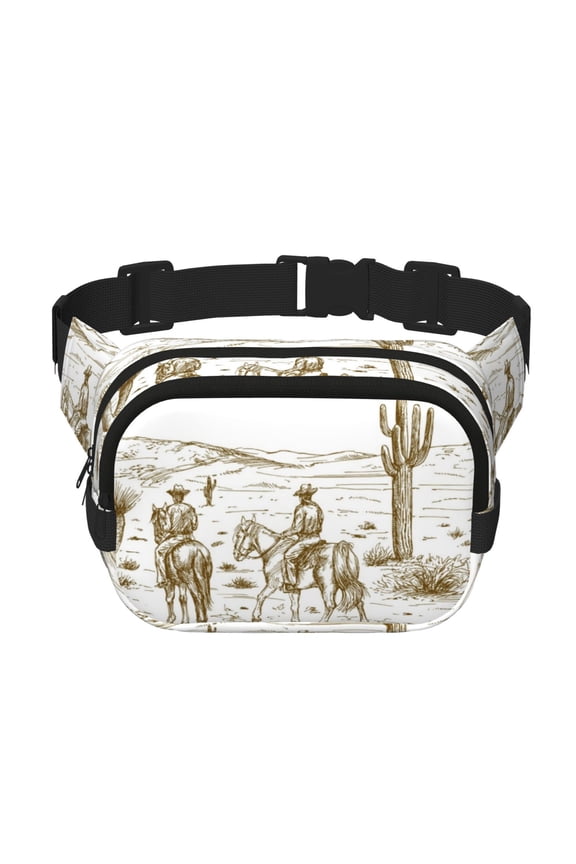 Western Desert Cowboys Print Fanny Pack Belt Bag for Women and Men, Square Double-Layer Waterproof Waist Pack with Adjustable Strap for Hiking, Jogging, Cycling