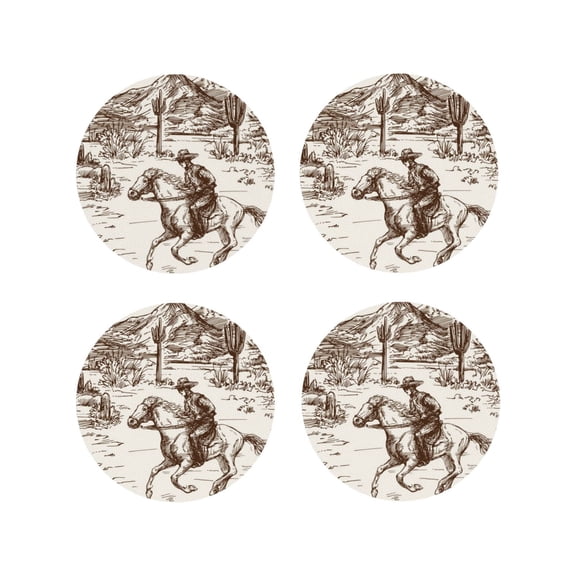 Rateoe Western Desert Cowboys3 Drawing Drink Coasters Set of 4 Leather Coasters Spill Protection for Table Desk,Durable and Non Slip Leather Coaster ,4 Inches Drink Mats-Round Shape