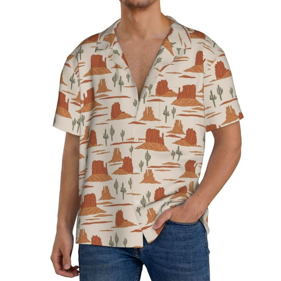 Rateoe Western Desert Nature Landscape Pattern Men's Short Sleeve Classic Shirt, Casual Short-Sleeved Shirt, Lightweight Summer Shirt, Cuban Collar Shirt,Button-Front Shirt-Large