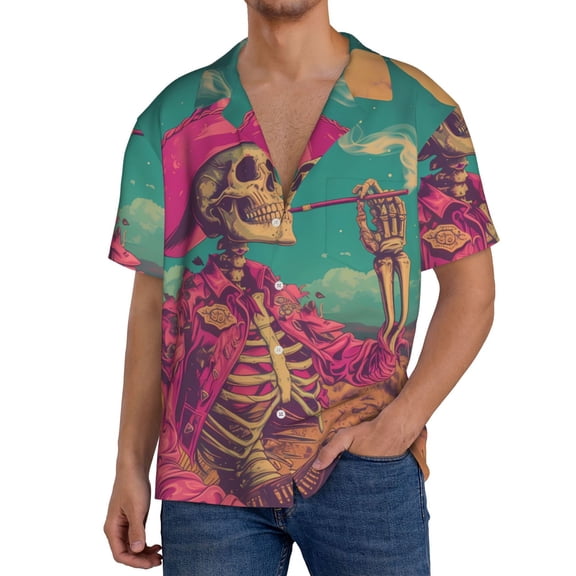 Rateoe Western Desert Skull Cowboy (2) Pattern Men's Short Sleeve Classic Shirt, Casual Short-Sleeved Shirt, Lightweight Summer Shirt, Cuban Collar Shirt,Button-Front Shirt-Medium