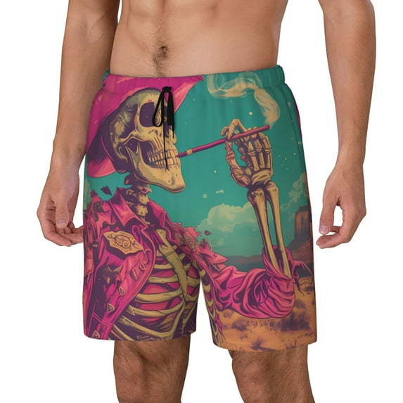 Rateoe Western Desert Skull Cowboy (2) Pattern Men’s Swim Shorts with Compression Liner – Double-Layered Quick-Dry Swimwear, Comfortable & Stretchy Beach Shorts-Large