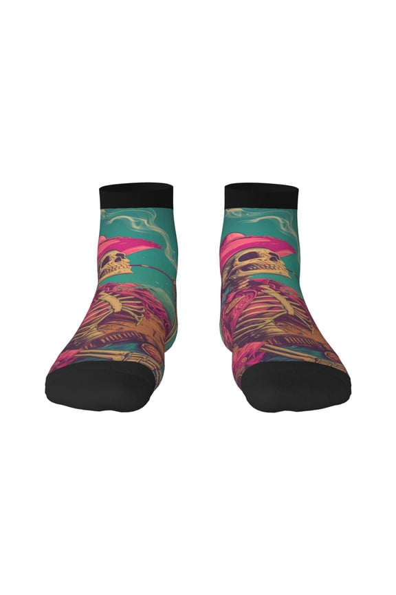Western Desert Skull Cowboy (2) Pattern Quarter Crew Socks,Toe Seamed Ankle Socks,Cotton Cushioned Breathable Athletic Crew Sports Socks