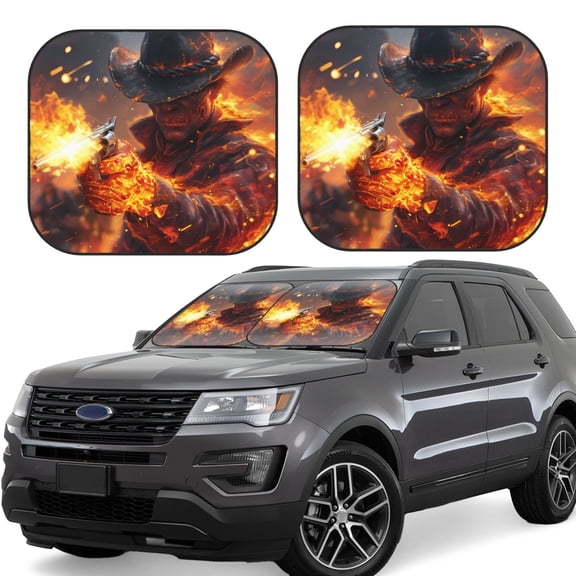 Rateoe Western Fire Cowboy Pattern 2 Piece Car Windshield Sun Shade Foldable | Front Windshield Shade for Sun, Heat and UV Rays | Sunshade for Car Front Window-Large