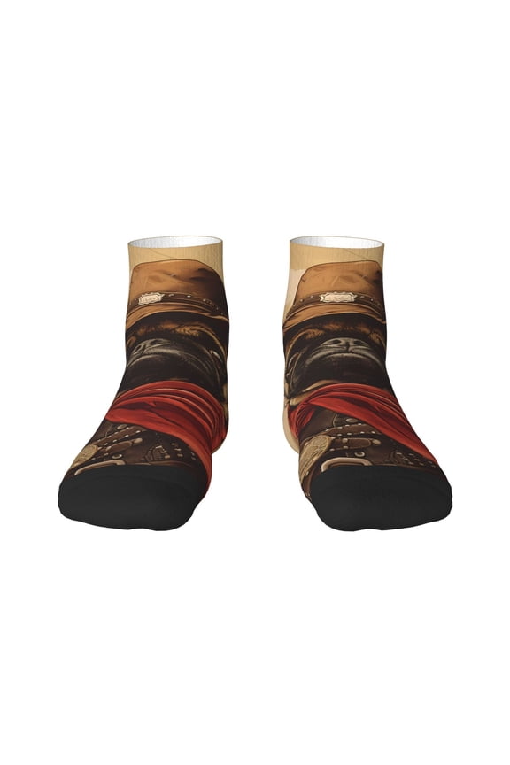 Western French Bulldog Cowboy Pattern Quarter Crew Socks,Toe Seamed Ankle Socks,Cotton Cushioned Breathable Athletic Crew Sports Socks