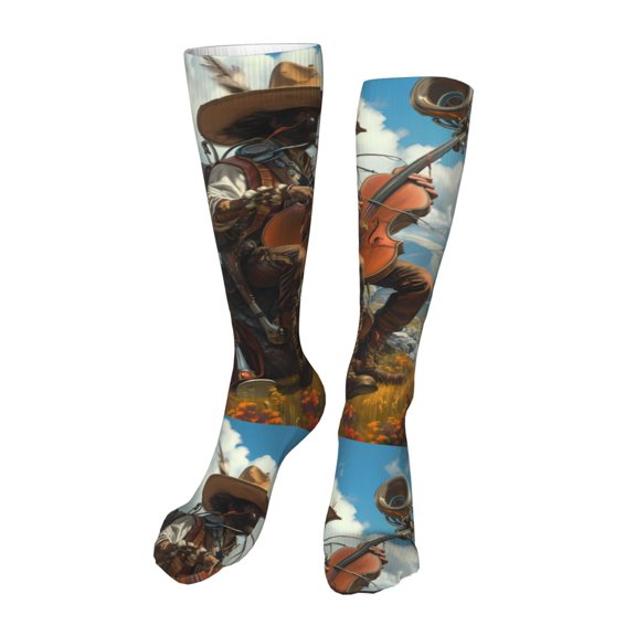 Rateoe Western Guitar Cowboy print Women's Men's Novelty 20in Crew Socks Cotton Socks Knee High Socks for Walking,Running,Nurses,Pregnancy-One Size