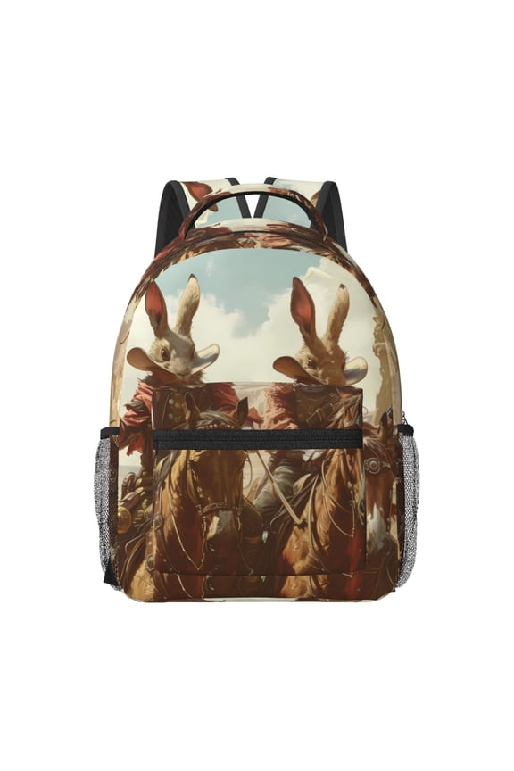 Western Rabbit Cowboy Pattern Durable Student Backpack Laptop Bag- Ergonomic Design, Waterproof Twill Fabric - Ideal for School, Travel, and Outdoor Activities