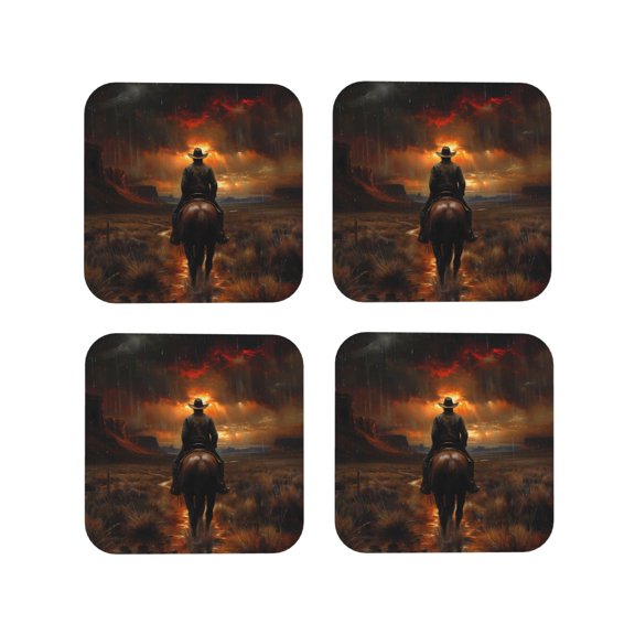 Rateoe Western Rainy Desert Cowboy Drawing Drink Coasters Set of 4 Leather Coasters Spill Protection for Table Desk,Durable and Non Slip Leather Coaster ,4 Inches Drink Mats-Square