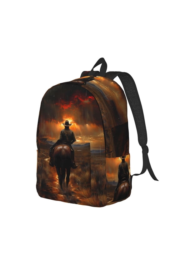 Western Rainy Desert Cowboy Pattern Durable Canvas Backpack for Men & Women – Stylish & Lightweight – Adjustable Straps, Multiple Pockets – Fits 15-17 Inch LaptopsMedium