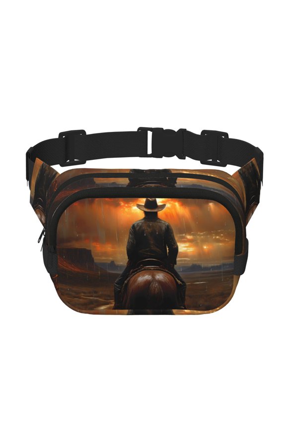 Western Rainy Desert Cowboy Print Fanny Pack Belt Bag for Women and Men, Square Double-Layer Waterproof Waist Pack with Adjustable Strap for Hiking, Jogging, Cycling