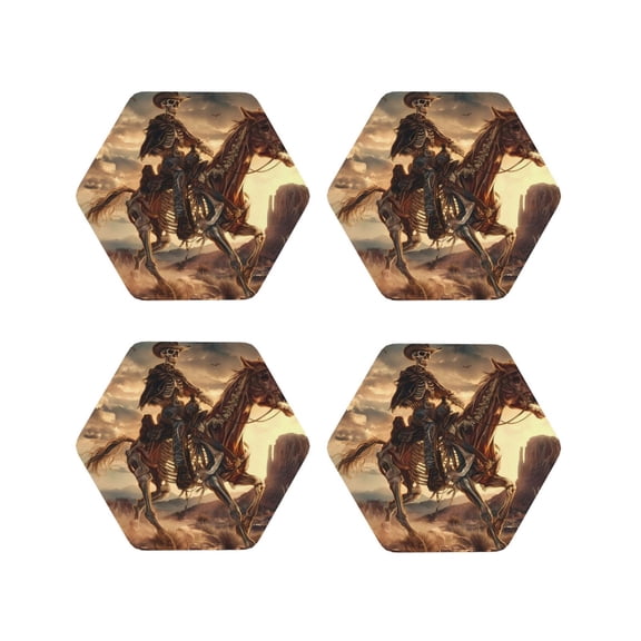 Rateoe Western Skeleton Cowboy Horse Drawing Drink Coasters Set of 4 Leather Coasters Spill Protection for Table Desk,Durable and Non Slip Leather Coaster ,4 Inches Drink Mats-Hexagon