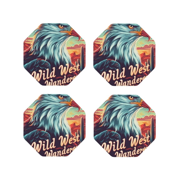 Rateoe Western Style Bald Eagle Drawing Drink Coasters Set of 4 Leather Coasters Spill Protection for Table Desk,Durable and Non Slip Leather Coaster ,4 Inches Drink Mats-Octagon