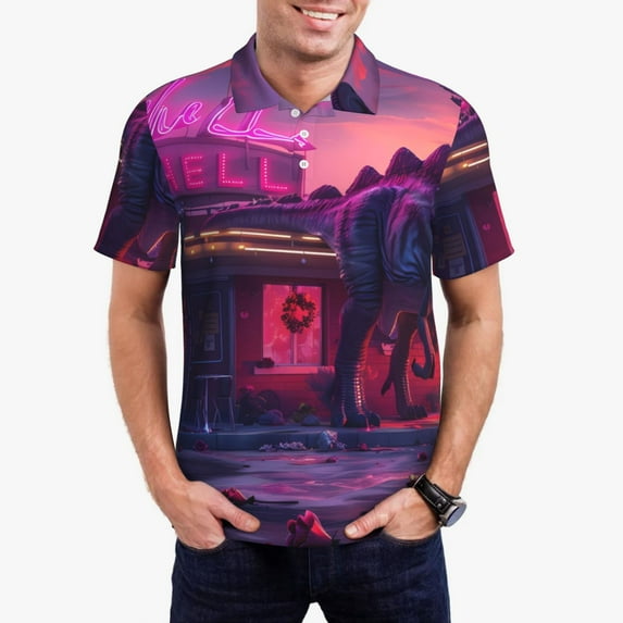 Rateoe Western Style Dinosaur Pattern Men's Short Sleeve Polo Shirts, Golf Polo Shirts Short Sleeve Performance Moisture Wicking Dry-4X-Large