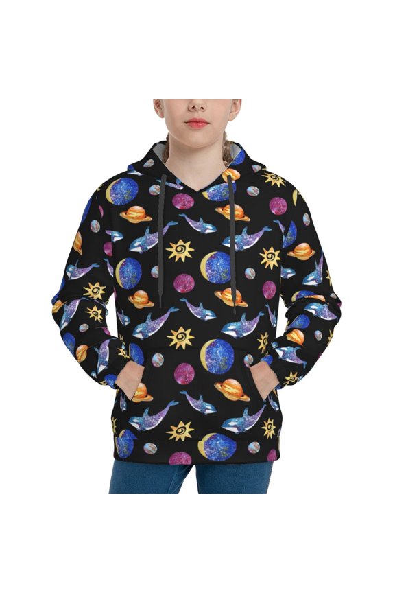 Whales In Space Pattern Boys Hoodie, Youth Pullover Hooded Sweatshirt, Kangaroo Pocket Hoodie for Kids-Large