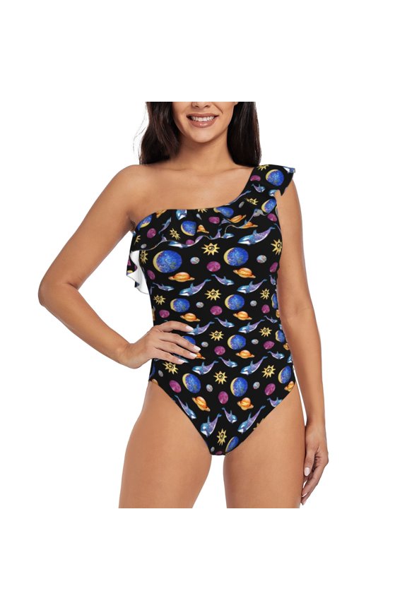 Whales In Space Pattern Women One Piece Swimsuits Tummy Control One Shoulder Bathing Suits Ruffle Swimwear-XX-Large