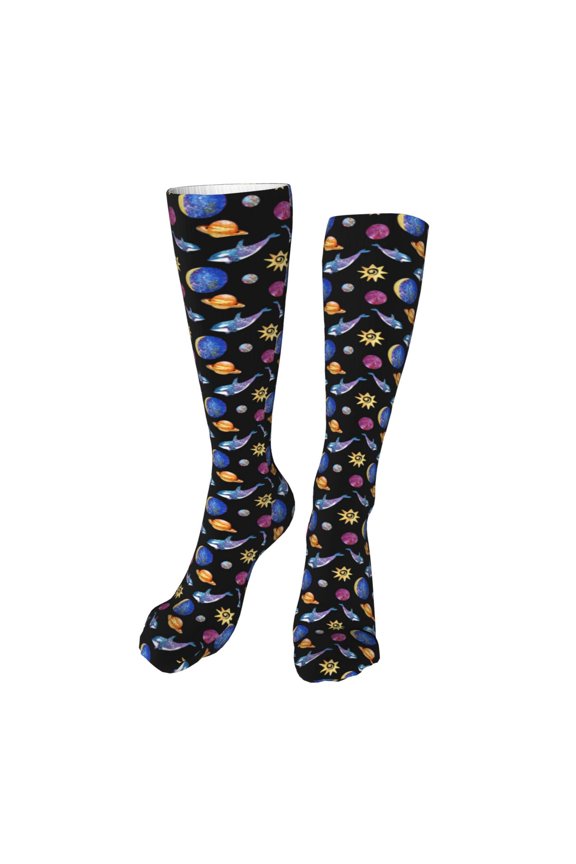 Whales In Space print Women's Men's Novelty 20in Crew Socks Cotton Socks Knee High Socks for Walking,Running,Nurses,Pregnancy-One Size