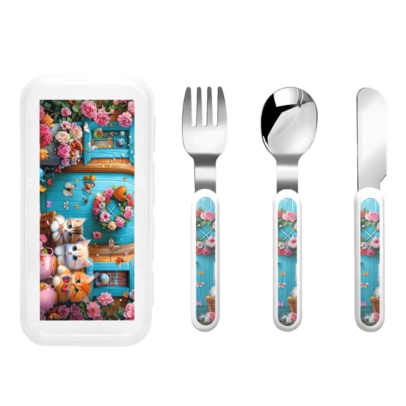 Rateoe Whimsical Cats and Flowers Scene for Stainless Steel Kids Silverware Set - Child and Toddler Safe Flatware - Children's Knife, Fork And Spoon Set
