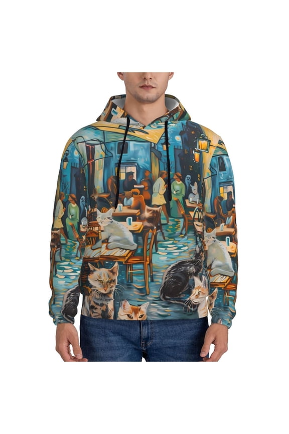 Whimsical Cats Night Cafe Pattern Mens Hoodie, Pullover Hooded Sweatshirt, Kangaroo Pocket Hoodie Ideal for Daily Wear, Travel and Home-Small