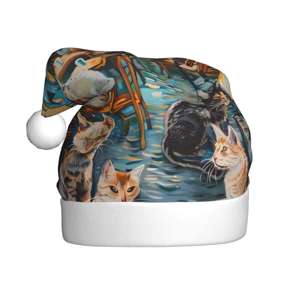 Rateoe Whimsical Cats Night Cafe Pattern Santa Hat Christmas Hats for Adults, Holiday Unisex Velvet Comfort Xmas Hat for Women Men