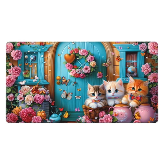 Rateoe Whimsical Cats and Flowers Scene Print Mouse Pad - Extended Large Gaming Mousepad,Non-Slip Stitched Edge,16x29.5 Inch