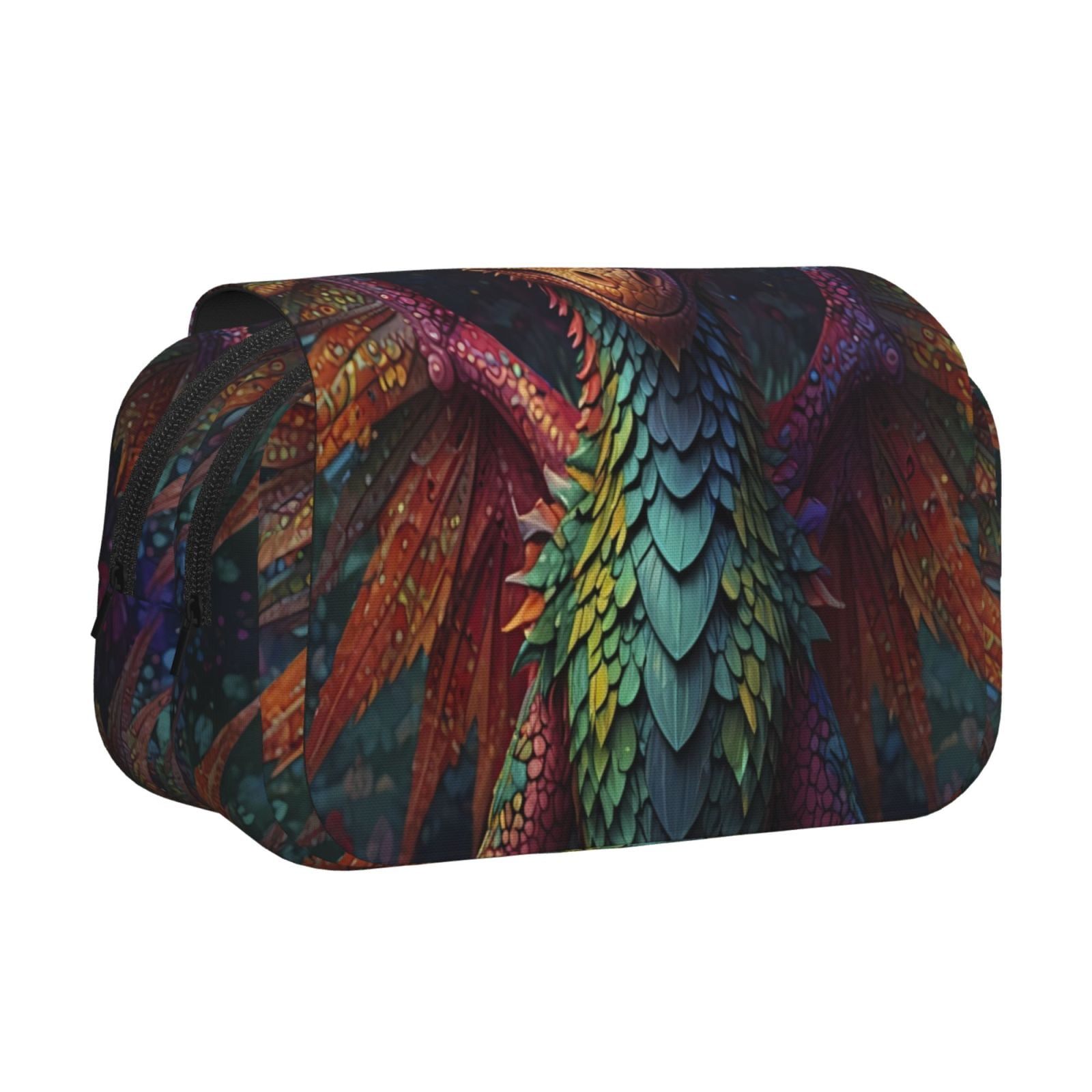 Rateoe Whimsical Dragon Color Cool Pattern Double Clamshell Pen Case, Storage Organizer with Two Zipper Compartments– Holds Up to 50 Pencils & Pens