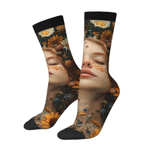 Rateoe Whimsical Flower Crown Maiden for Women Casual Calf Socks - Cute Crew Socks - Thin Soft Above Ankle Socks Size 5-11