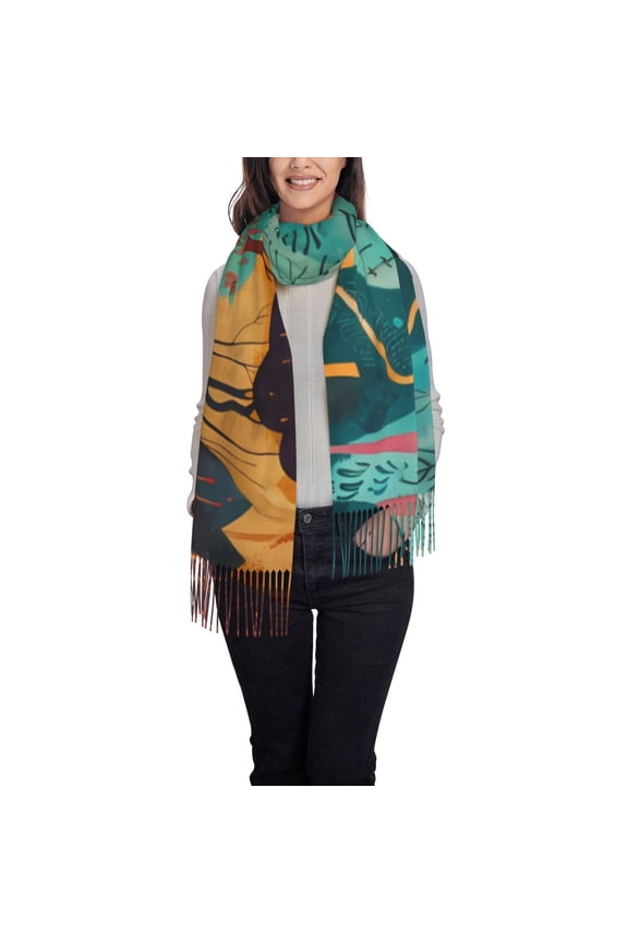 Whimsical Forest Scene Women's Traditional Scarf Wrap Tassel Shawl Fringes Neck Head Shawl Retro Scarf