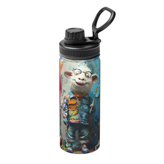 Rateoe Whimsical Goat Artist Printed 18oz Sports Insulated Water Bottle, Double-Wall Stainless Steel Kettle with Leak-Proof Cap and Carry Loop, BPA-Free for Outdoor, Gym, Camping, and Travel