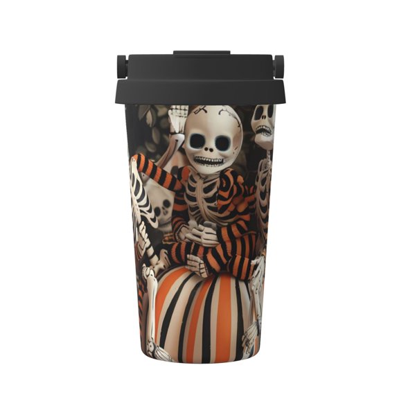 Rateoe Whimsical Halloween Skeletons Pattern Travel Coffee Mug Tumbler with Flip Lid | Reusable Insulated Stainless Steel Cold Brew Iced Coffee Cup Thermos
