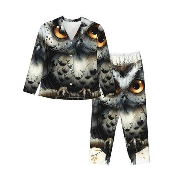 Rateoe Whimsical Owl On Branch Pattern Womens Pajamas Set Long Sleeve Sleepwear Button Down Nightwear Soft Cotton Pj Lounge Sets-Large