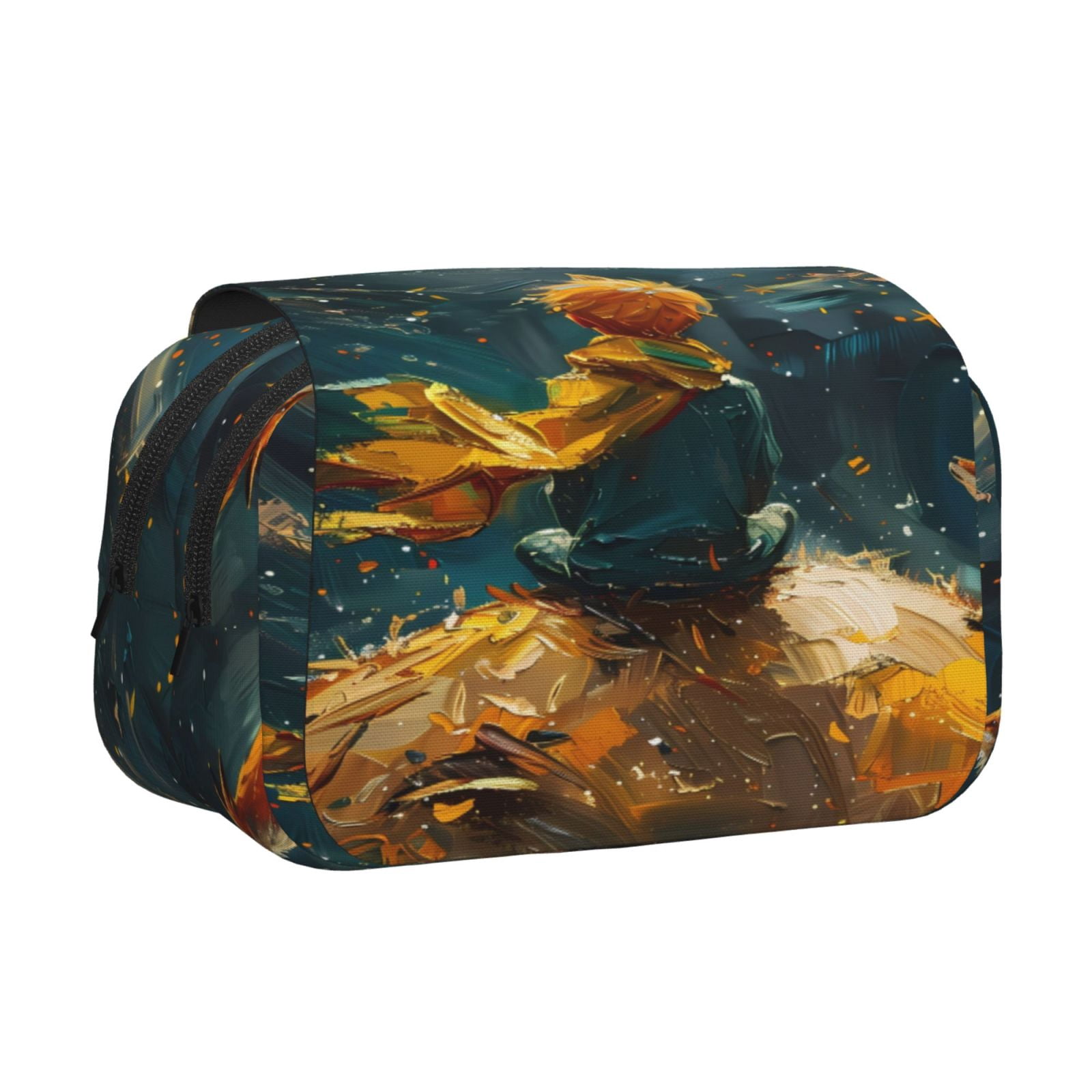 Rateoe Whimsical Starry Night Scene Pattern Double Clamshell Pen Case, Storage Organizer with Two Zipper Compartments– Holds Up to 50 Pencils & Pens