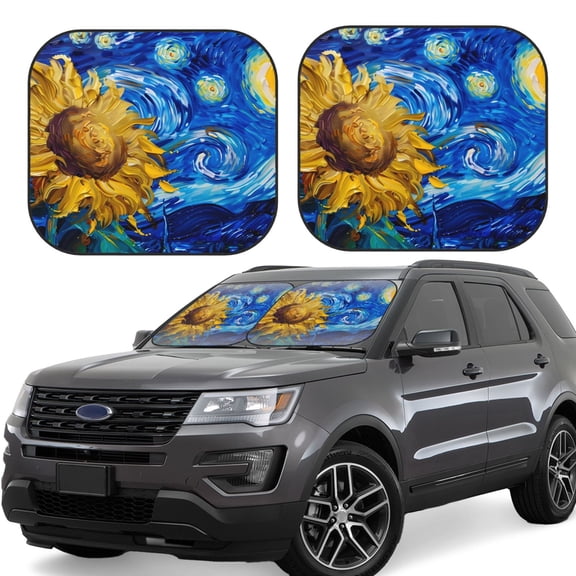 Rateoe Whimsical Sunflowers Night Sky Pattern 2 Piece Car Windshield Sun Shade Foldable | Front Windshield Shade for Sun, Heat and UV Rays | Sunshade for Car Front Window-Medium