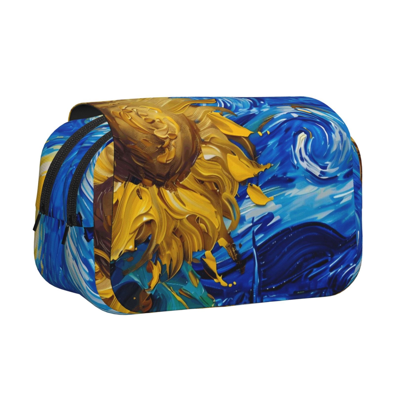 Rateoe Whimsical Sunflowers Night Sky Pattern Double Clamshell Pen Case, Storage Organizer with Two Zipper Compartments– Holds Up to 50 Pencils & Pens