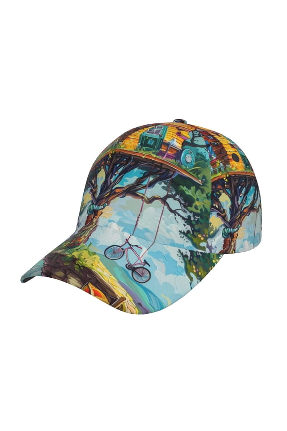 Whimsical Treehouse Painting Pattern Mens Baseball Cap  Adjustable Curved Brim Hat, Soft Cotton Sports Cap for Outdoor, Casual, and Everyday Wear, Comfortable & Breathable