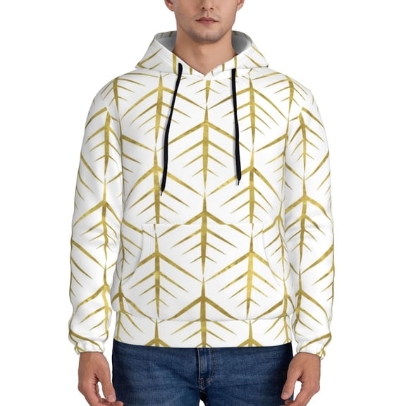 Rateoe White And Gold Geometry Pattern Mens Hoodie, Pullover Hooded Sweatshirt, Kangaroo Pocket Hoodie Ideal for Daily Wear, Travel and Home-Small