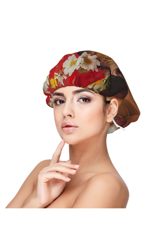 White And Red Daisy Cow Pattern Silk Satin Hair Bonnet for Sleeping, Adjustable Sleep Cap Turban for Women , Curly Straight Hair Long Large Braid