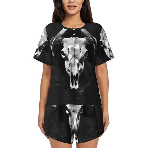Rateoe White Black Sheep skull Pattern Women's Short-Sleeved Pajama Set - 2 Piece Soft and Lightweight Sleepwear Set-X-Large