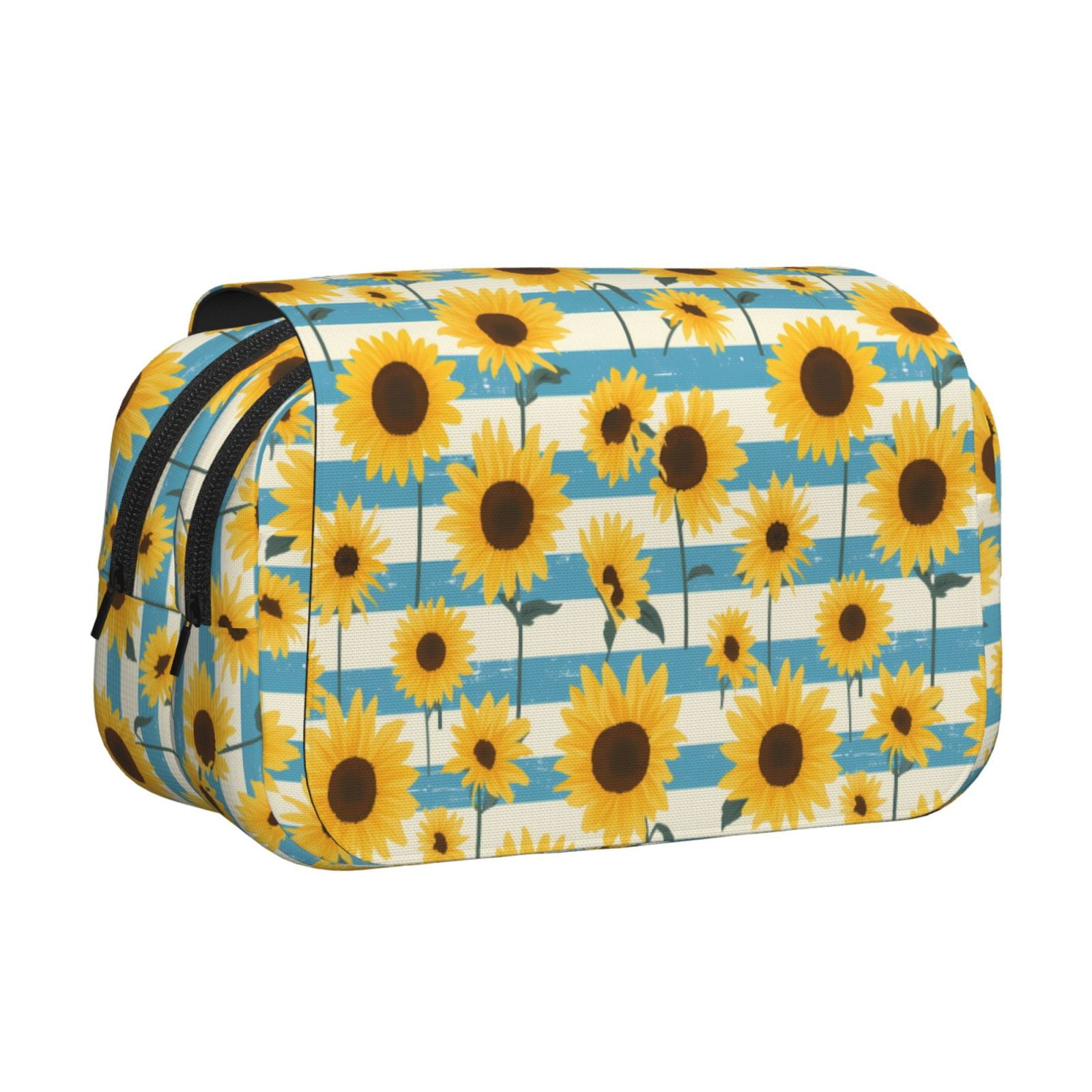 Rateoe White Blue Striped Sunflower Pattern Double Clamshell Pen Case, Storage Organizer with Two Zipper Compartments– Holds Up to 50 Pencils & Pens