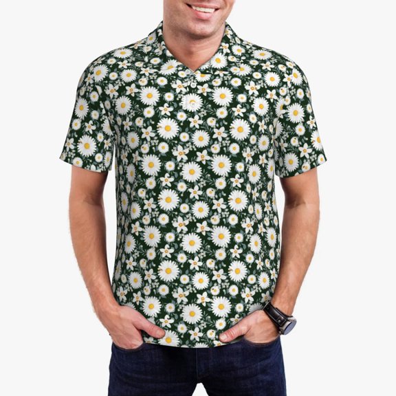 Rateoe White Daisies and Bee Pattern Men's Short Sleeve Polo Shirts, Golf Polo Shirts Short Sleeve Performance Moisture Wicking Dry-Large