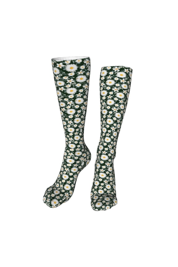 White Daisies and Bee print Women's Men's Novelty 20in Crew Socks Cotton Socks Knee High Socks for Walking,Running,Nurses,Pregnancy-One Size