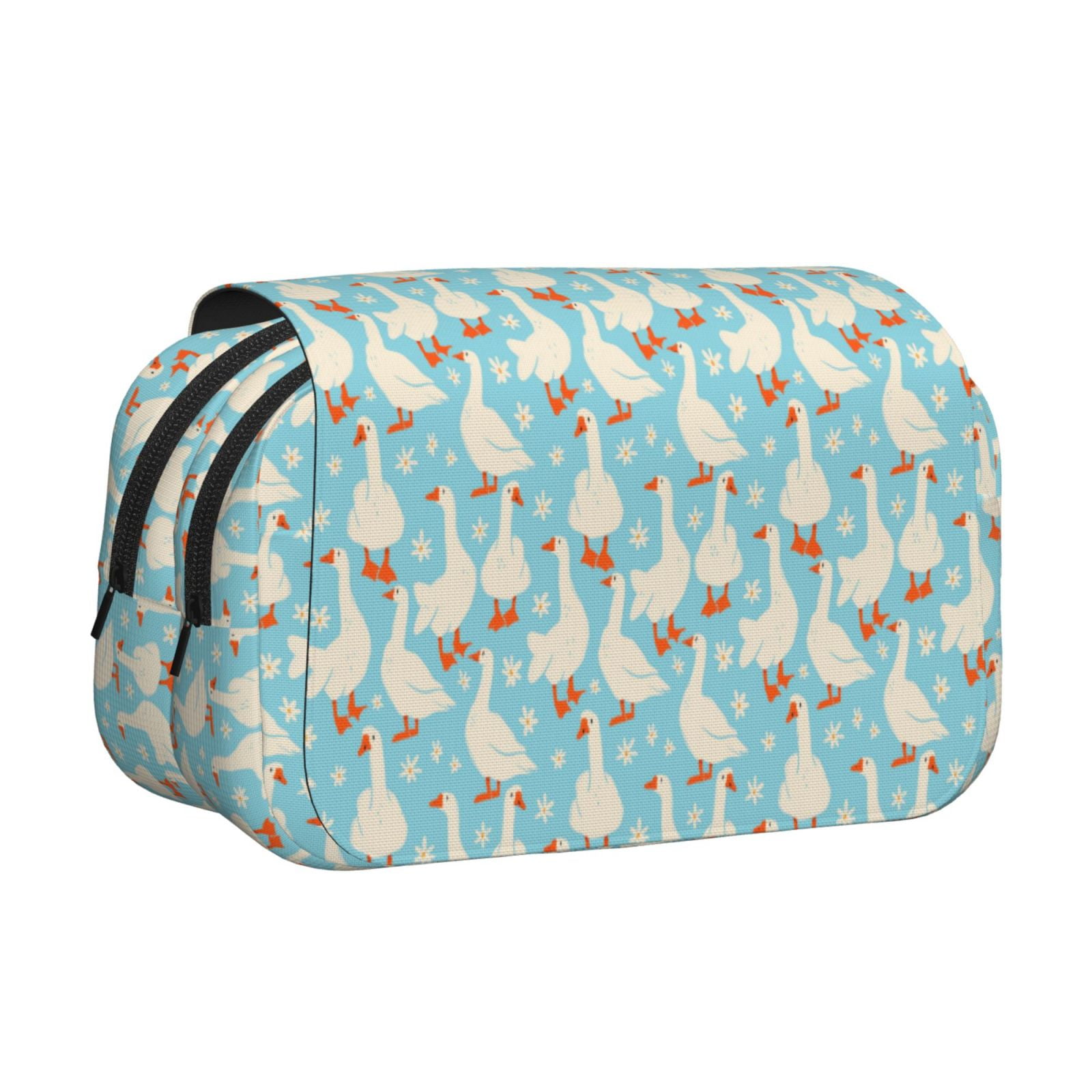 Rateoe White Geese and Flower Pattern Double Clamshell Pen Case, Storage Organizer with Two Zipper Compartments– Holds Up to 50 Pencils & Pens