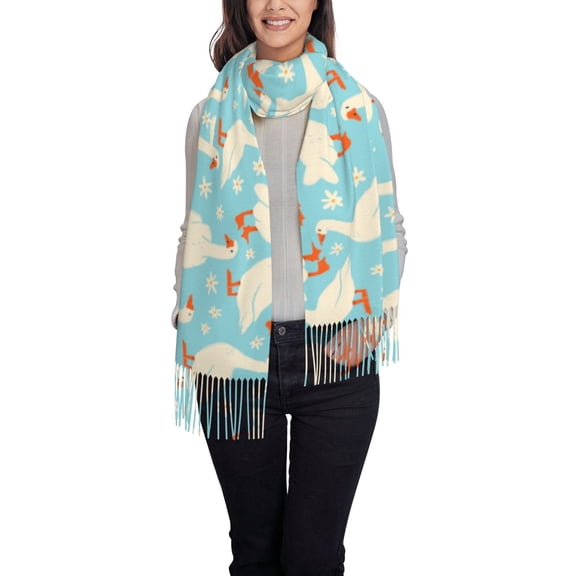 Rateoe White Geese and Flower Women's Traditional Scarf Wrap Tassel Shawl Fringes Neck Head Shawl Retro Scarf