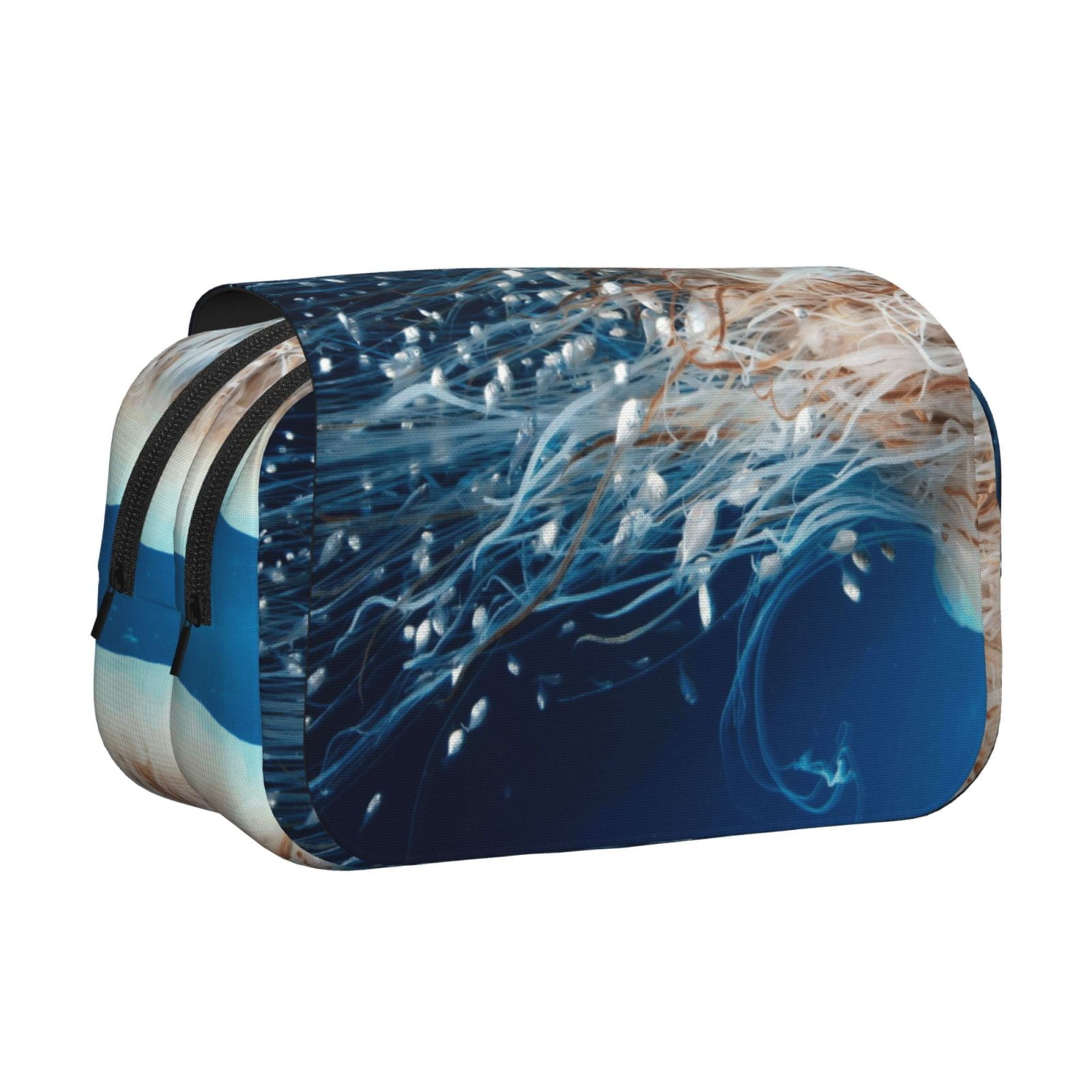 Rateoe White Jellyfish Dansing in the Ocean Pattern Double Clamshell Pen Case, Storage Organizer with Two Zipper Compartments– Holds Up to 50 Pencils & Pens