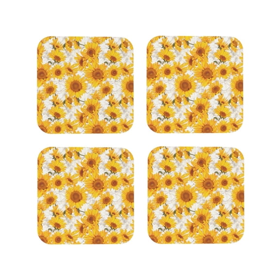 Rateoe White Marble Pattern Sunflower Drawing Drink Coasters Set of 4 Leather Coasters Spill Protection for Table Desk,Durable and Non Slip Leather Coaster ,4 Inches Drink Mats-Square