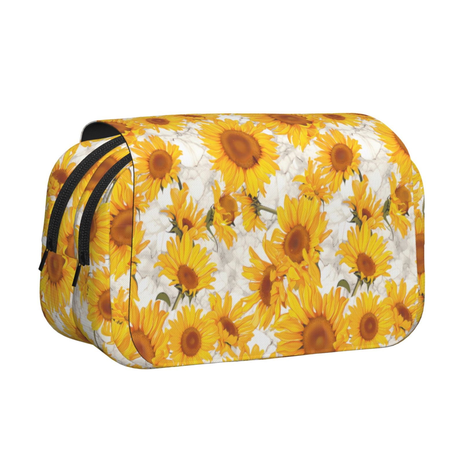 Rateoe White Marble Pattern Sunflower Pattern Double Clamshell Pen Case, Storage Organizer with Two Zipper Compartments– Holds Up to 50 Pencils & Pens