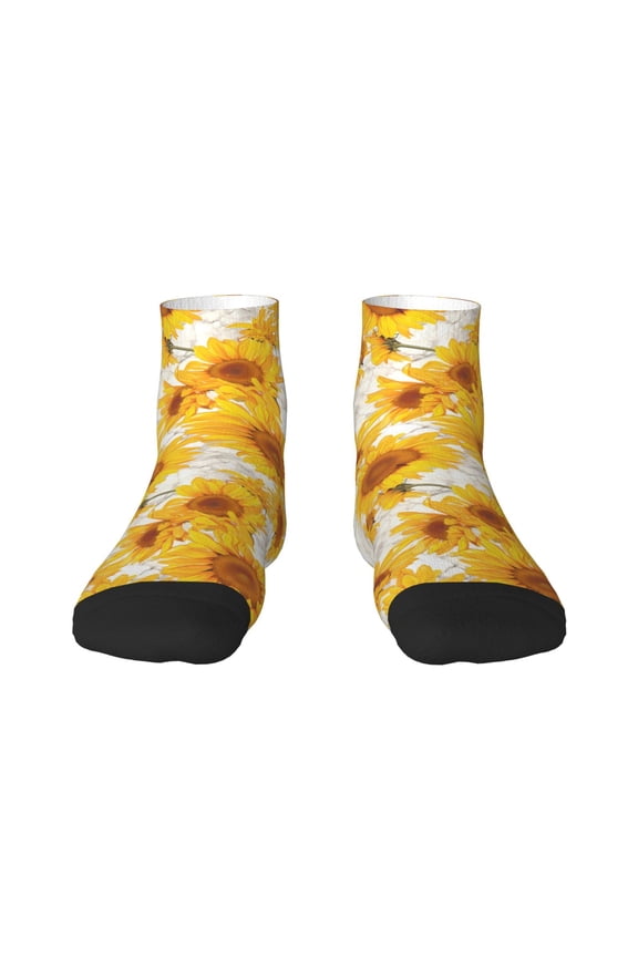 White Marble Pattern Sunflower Pattern Quarter Crew Socks,Toe Seamed Ankle Socks,Cotton Cushioned Breathable Athletic Crew Sports Socks