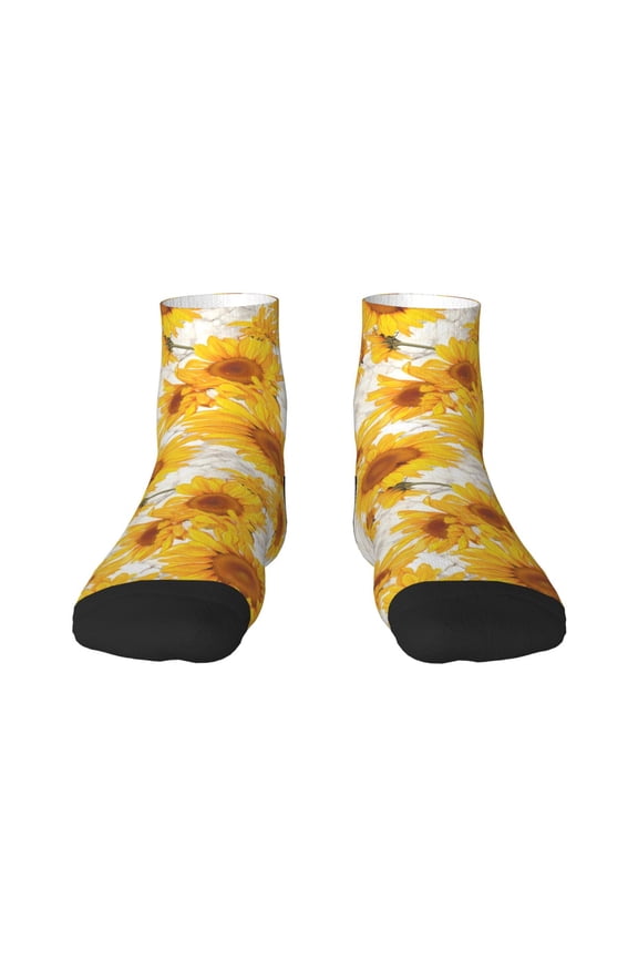 White Marble Pattern Sunflower Pattern Quarter Crew Socks,Toe Seamed Ankle Socks,Cotton Cushioned Breathable Athletic Crew Sports Socks