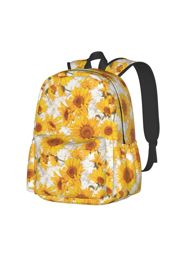 White Marble Pattern Sunflower Pattern Student Backpack,Backpack for School,Lightweight Bag,Travel Backpack,Outdoor Backpack,Large Capacity Backpack